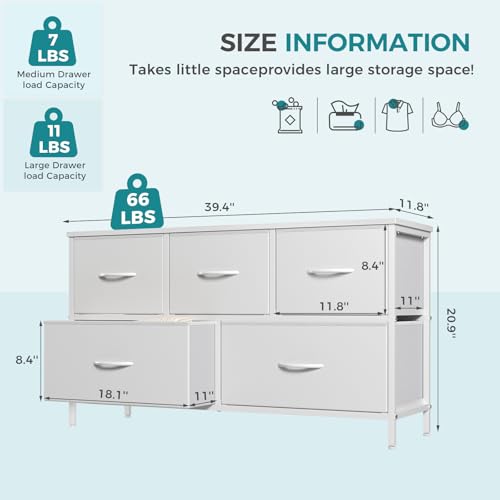 Image of OLIXIS White Dresser for Bedroom, Wide Chest of Drawers for Clothes Storage | Fabric Bedroom Dresser with 5 Drawers, Storage Organizer Unit with Fabric Bins, Wooden Top, Living Room