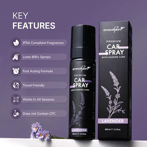Image of Aromahpure Lavender Car Perfume Spray | 100ml | with Hanging Card | Long Lasting 800+ Sprays Car Fresheners | Travel Friendly Car Air Freshener | CFC Free &Fast Acting Formula