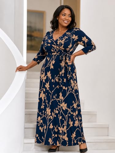 Image of Women's V Neck Floral Maxi Dress 3 /4 Sleeve Plus Size Boho Wrap Flowy Long Dresses with Belt