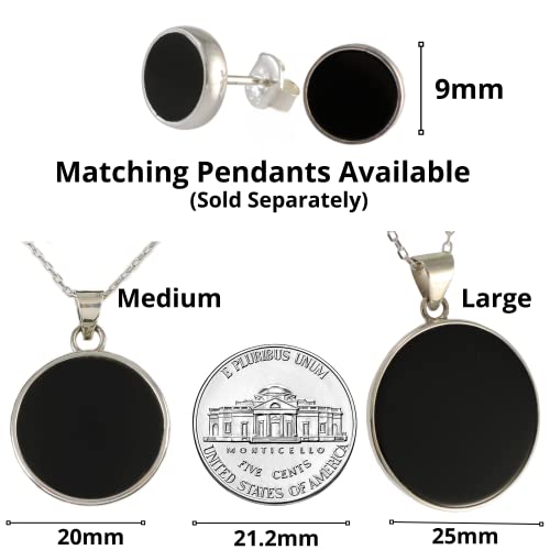 Echmeck Handmade Sterling Silver 925 Round 9Mm Flat Black Onyx Stone Stud Earrings - Unisex #TOP4