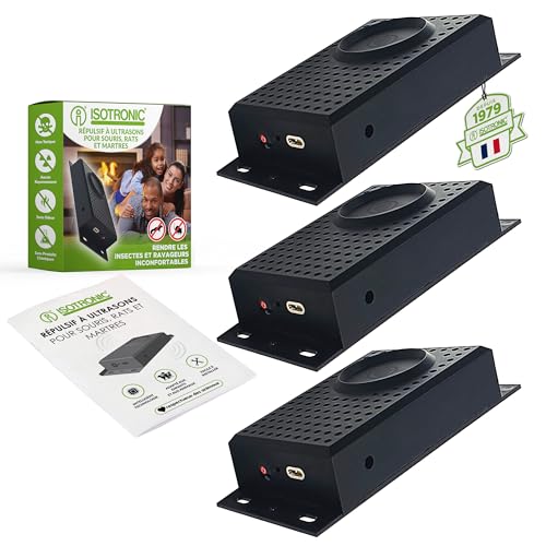 ISOTRONIC Répulsif pour Les martres, Souris et Les Rats avec Fonction de lumière/Clignotant LED Ultrasons pour la Voiture, la Maison, Le Garage et Le Grenier
