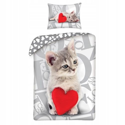 Halantex - Parure de lit avec housse de couette et taie d'oreiller en coton, motif chat mignon,...