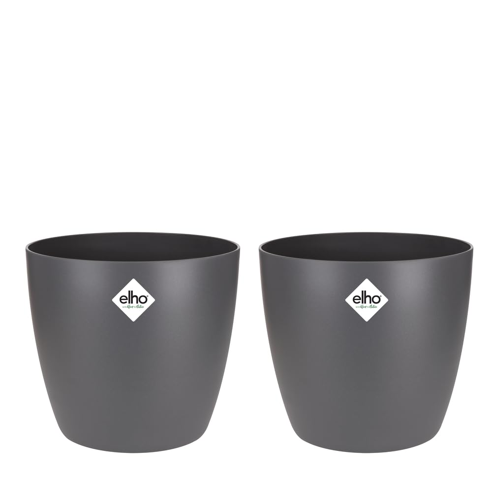 Elho Anthracite Brussels Round - Plant Pots Indoor - 100% Recycled Plastic Flower Pots - Set Of 2 - Ø 25 Cm - Black