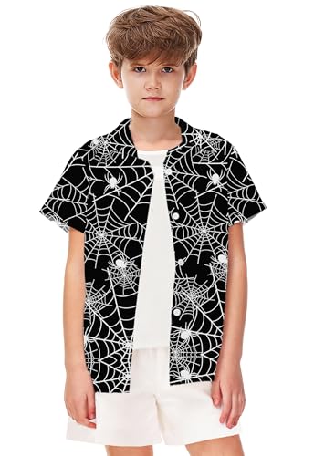 Image of Remimi Unisex Kids Halloween Shirt Boys Pumpkin Ghost Shirts Hawaii Button Up Tops 5-14 Years