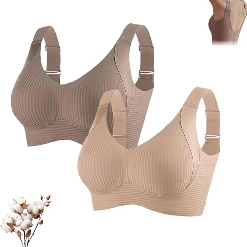 Super Firming Bra Wire-Free Push-Up Bra, Women's Ribbed Push Up Adjustable Wireless No More Sagging Breasts (UK, Alpha, L, Regular, Regular, Coffee + Skin Color)