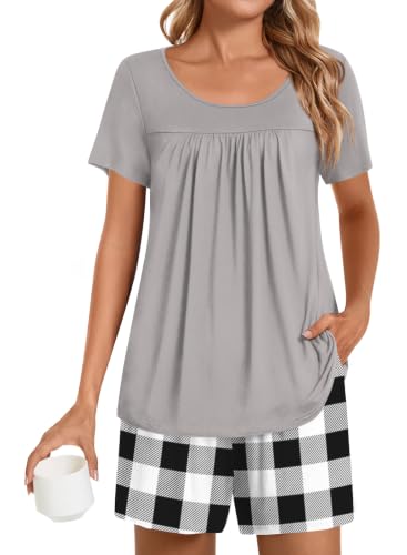 Image of POPYOUNG Pajama for Women Set Summer Pjs Lounge Shorts Sets Soft Sleepwear | 2 Piece Outfits Womens Set Cooling pajamas with Pockets, Lounge sets Casual for Daily Wear Nightwear