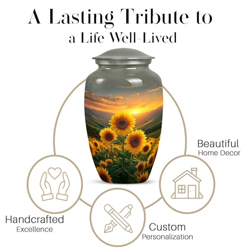 Image of Sunset Sunflower Urn for Ashes - Funeral Urns for Adult Ashes Women - Yellow Sunflower Urn for Human Adult Male and Female - Cremation Urns for Adult Mom and Dad 10inch and 200 Cubic Inches