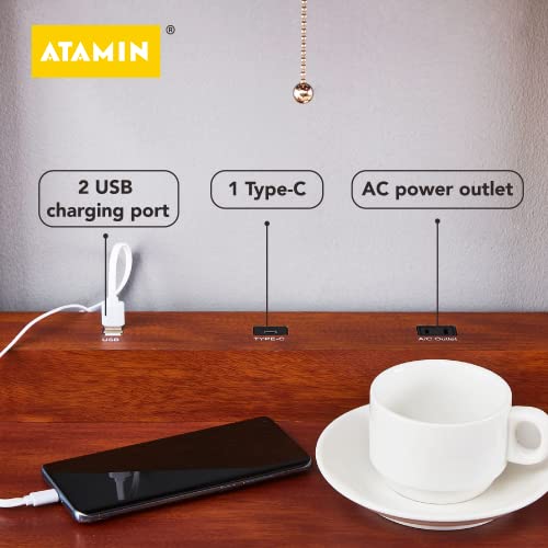 Atamin Avery Plus Charging Edition - 63" Floor Lamp With Usb-C Charging Station, Shelf Lamp For Living Room And Bedroom, Standing Lamp With Shelves, Usb, Usb-C, And Power Outlet (Walnut) #TOP1