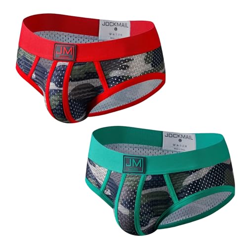 JOCKMAIL Men's Underwear Briefs Men's Sexy Briefs Breathable Comfortable Mesh Underwear Men's Low Rise Briefs (US, Alpha, Large, Regular, Regular, Red+Green)