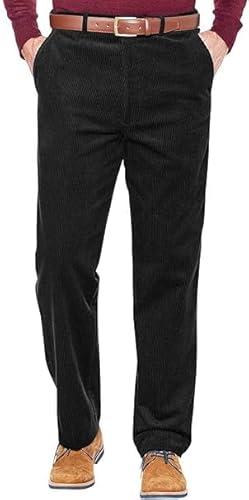 Men’s Corduroy Trousers – Classic Straight Leg Flat Front Cotton Cord Pants – Smart Casual Business Office Work Formal Wear Comfortable Durable Corduroy Bottoms Black 36/31