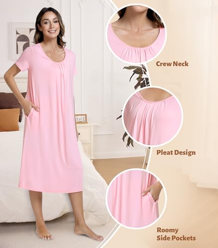 Image of NACHILA Women's Nightgowns-Viscose Made from Bamboo,Short Sleeve Nightshirt Soft Sleep Shirts Cool Sleep Dress with Pockets