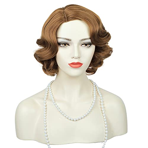 Image of 1920s Brown Flapper Vintage Wig for Women Finger Wave Wig Short Curly Wig