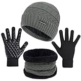 Senker Fashion Winter Beanie Hat Scarf and Touchscreen Gloves Set for Men, Warm Knit Skull Cap with Fleece Lined Gifts Grey