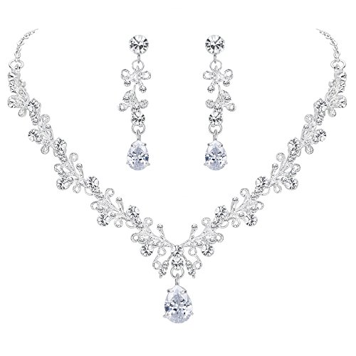 BriLove Wedding Bridal Necklace Earrings Jewelry Set CZ Crystal Leaf Vine Floral Scroll Teardrop V-Necklace Pierced Earrings Set Clear Silver-Tone