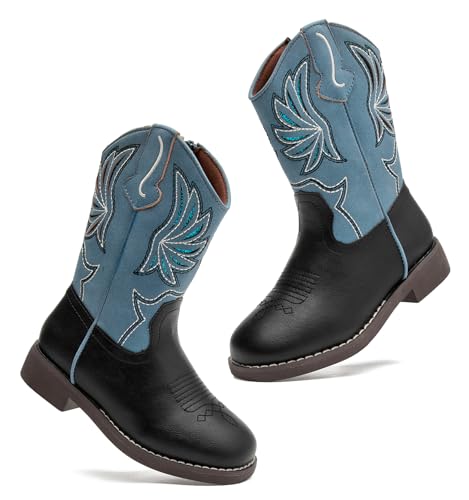 DADAWEN Kids Cowboy Boots for Boys Girls Glitter Embroidered Western Square Toe Cowgirl Boots Mid Calf Riding Shoes (Toddler/Little Kid/Big Kid)