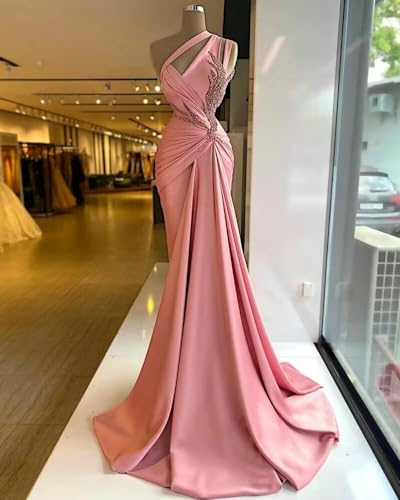 Women's One Shoulder Beaded Prom Dress Satin Pleated Mermaid Long Ball Gown Formal Bridesmaid Dress Evening Party Dress2