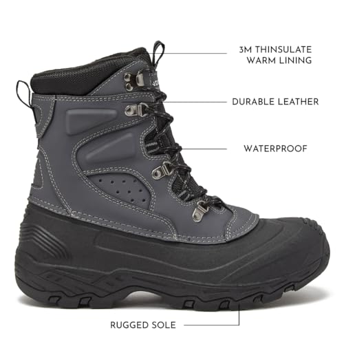 Image of LONDON FOG Breckenridge Waterproof Mens Winter Boots - Leather Insulated Mens Snow Boots - Grey, Black or Brown - Men Medium or Extra Wide Widths Size 7 to 15