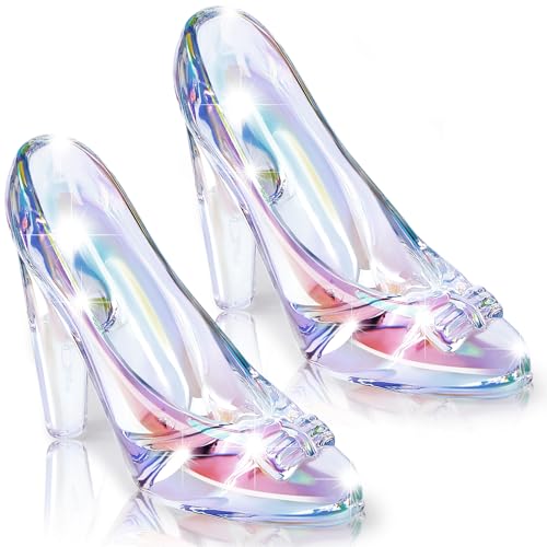 Suclain 2 Pcs Glass Slipper Princess Crystal High Heels Shoes Ornaments Glass Slipper Decoration Gift for Weddings Birthday Party Favors Ornaments Girls Women(Holographic)