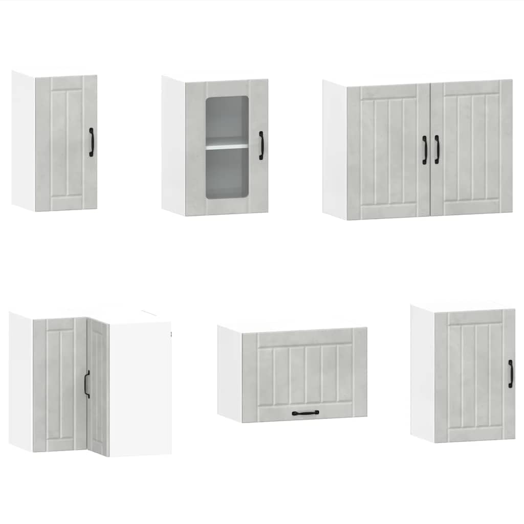 Set di 11 mobili da cucina Lucca in legno grigio cemento, mobili da cucina modulari con armadio ad angolo, pensili e pensili per molto spazio in cucina