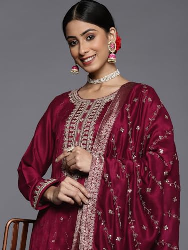 Image of Libas Womens Embellished Silk Blend Straight Kurta With Palazzos and Dupatta