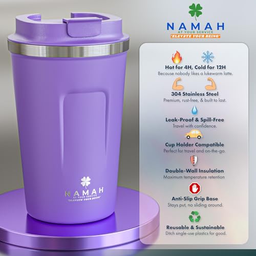 Image of Namah Insulated Coffee Mug Travel with Lid 380ML Stainless Steel Coffee Tumbler Cup for Office & Home, Leak Resistant Matte Finish Hot & Cold Travel Coffee Mug for Men & Women Gift (Violet Vibe)