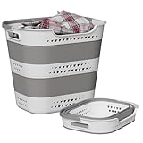 Collapsible Plastic Laundry Basket Hamper with Handles, Large 42L Portable Rubber Clothes Basket, Pop Up Storage Container/Organizer for Washing & Storage, Grey