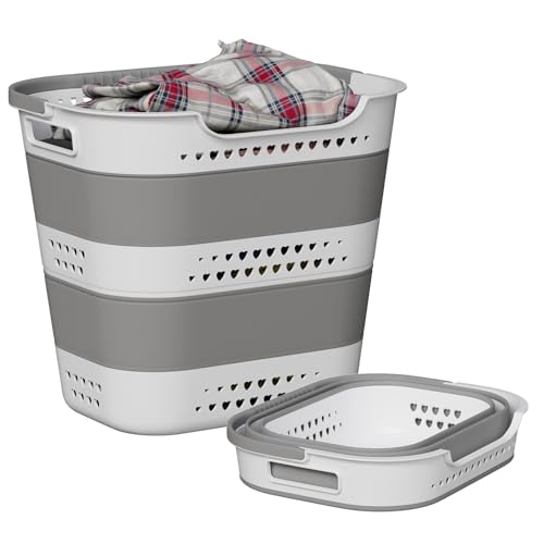Collapsible Plastic Laundry Basket Hamper with Handles for Clothes Storage | Large, 42L, Portable Rubber, Pop Up, Breathable Design, Lightweight, for Home, Washing Room, Bathroom, Dorm