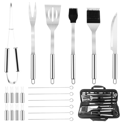 Absyrony 15 Pièces Accessoires Barbecue, Ustensiles Barbecue, Kit BBQ, Set Barbecue Plancha, Outils Barbecue, Panoplie Barbecue, Mallette de Barbecue, pour Camping d’Extérieur et Pique-Nique
