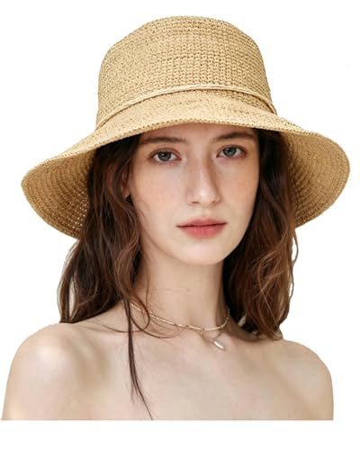 Womens Raffia Straw Bucket Hat Foldable Summer Sun Hat Handmade Woven Beach Hat Portable Travel Natural Straw Cap