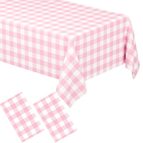 Image of 2 Pack Pink Gingham Tablecloth Rectangular Pink and White Checkered Tablecloths Disposable Plastic Pink Plaid Table Cover for Parties, Outdoor Picnic, Birthday, Wedding, Camping 54 x 108 Inch