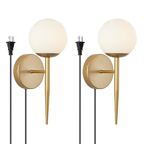 Image of BOKT Mid Century Modern Globe Wall Sconce Set of Two Plug in Cord Brushed Gold Bathroom Wall Sconce Light Set of 2 Plug in Frosted White Glass Bedroom Plug in Wall Lamp (White)