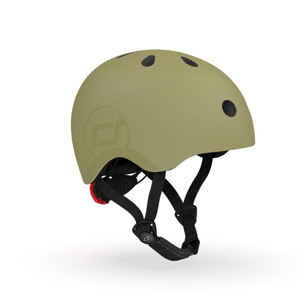 Scoot and Ride & Kid - Casco Small-Medium fino a Small (51-55 cm), vestibilità regolabile, design leggero, traspirante, fibbia magnetica, certificazione di sicurezza, verde oliva