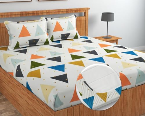 Image of la' amour Glace Cotton Elastic Fitted Bedsheets with 2 Pillow Covers Double Bed All Around Elastic Sheet Supersoft Size - 72 x 78 +10 inches, White Rust 180 tc - 200 tc