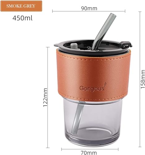 Image of Stylish Glass Tumbler with Lid and Glass Straw 400ML Coffee Tea Milk Mug with Leather Sleeve for Home Office and Traveling (Black)