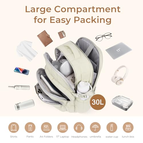 Image of CLUCI 17.3 Inch Laptop Backpack for Women, Anti Theft Travel Backpack, Puffer Quilted Work Backpack, Water Resistant College Bookbag, Carry on backpack with RFID (Beige)