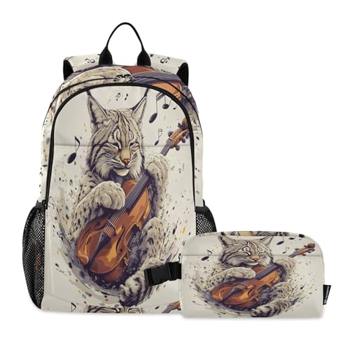 Rural Music Lynx Play Boy Sac à dos avec sac à déjeuner, cartable et boîte à déjeuner pour garçons de 7 à 10 ans