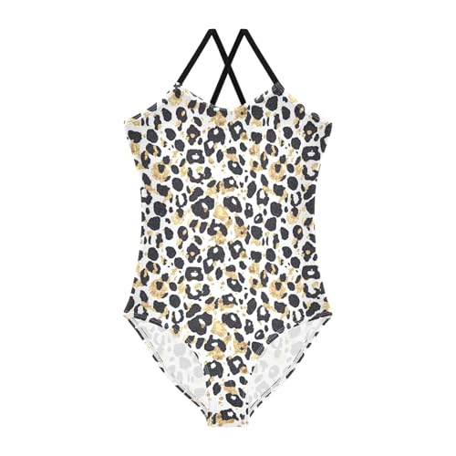 senya Girls Swimsuits One-Piece Swimwear Tie Bathing Suit Beach Summer Round Neck 9-10T Leopard Print Gold Stamping Pattern