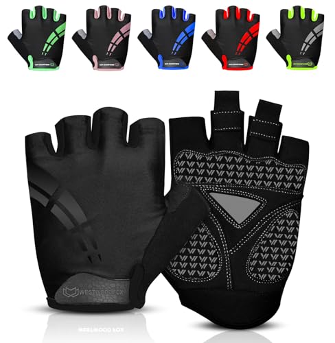 WESTWOOD FOX Fahrradhandschuhe für Herren und Damen Halbfinger-Gel-gepolsterte rutschfeste Mountainbike-Handschuhe atmungsaktive Stoßdämpfung griffige Handfläche (Schwarz, M)