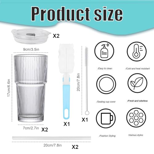 2 Pezzi 600ml Bicchieri da Acqua con Coperchio e Cannuccia,Tazza da Caffè Ghiacciata,Vetro Bicchiere per Smoothie,Tazza da Succhi Trasparente, per Latte, Acqua, Succo, Tè - immagine 3