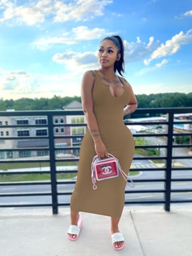 Image of Nimsruc Women Casual Sexy Deep U Neck Tank Top Bodycon Dress Summer Sleeveless Wrap Long Basic Party Club Maxi Dresses