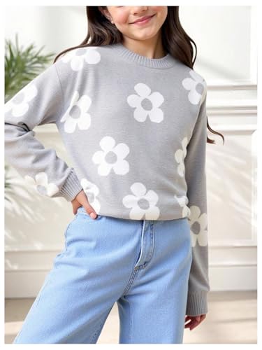 Image of BEAUDRM Girl's Cute Bow Sweater Crew Neck Long Sleeve Drop Shoulder Loose Pullover Tops
