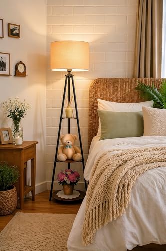 Image of Modern Wooden Shelf Floor Lamp with Fabric Shade | 3-Tier Storage Stand Lamp for Living Room, Bedroom & Home Decor
