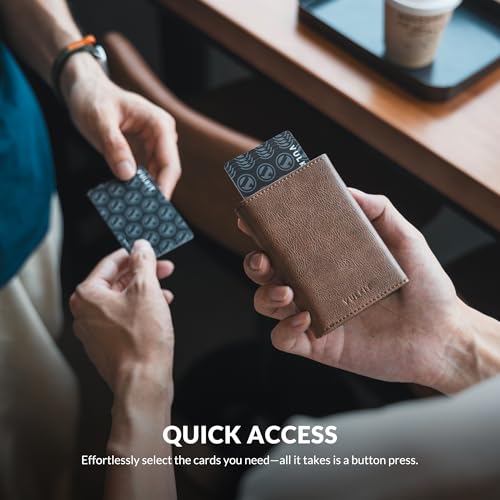 Image of VULKIT Card Holder Wallet with Coin Pocket Magnetic Closure Pop Up Cards With ID Window Leather Wallet for Cash & Credit Cards, Grain Espresso