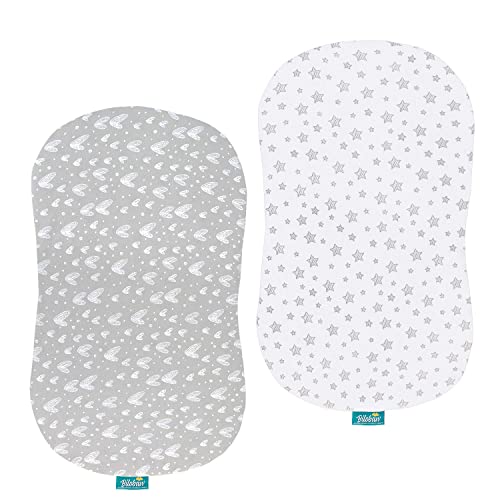 Image of Bassinet Sheets Compatible with Halo Bassinest Swivel, Flex, Glide, Premiere & Luxe Series Sleeper, 2 Pack, 100% Jersey Knit Cotton Sheets, Breathable and Heavenly Soft, Grey and White Print for Baby