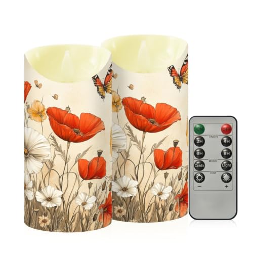 Ewusp Juego de 2 velas sin llama con diseño de mariposas y flores silvestres, funciona con pilas, con control remoto y temporizador, para decoración del hogar, bodas, vacaciones, fiestas, centros de