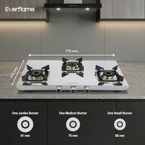 Image of Everflame Photon 3 Burner Gas Stove | Manual Ignition | 5G Brass Burners | ISI Certified | SS Cooktop | 5 Years Warranty on (Body & Burners) + 2 Year Comprehensive Warranty + Doorstep Service