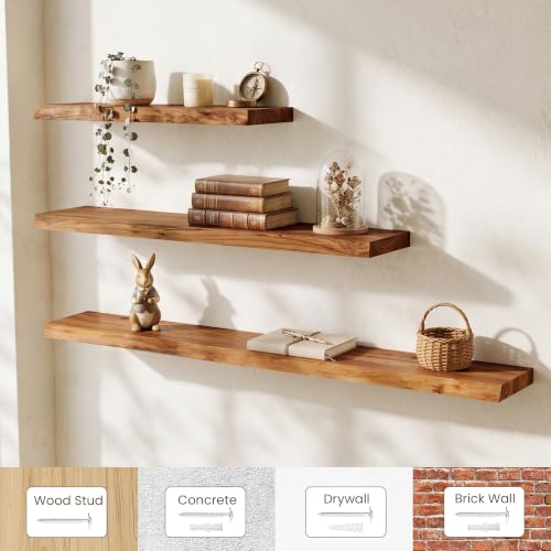 Image of Elm Floating Shelves for Wall - 20 in Rustic Solid Wood Shelves with Heavy-Duty Invisible Bracket, Wall-Mounted Wooden Shelf for Living Room, Bathroom, Kitchen Storage & Display, Set of 2, Natural