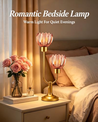Image of Lightdot Flower Table Lamp Vintage Pink Glass Lamp Bulbs Included Dimmable | Nightstand Lamp Mid Century Modern Gold Desk Lamp Warmwhite Ambient Bedside Lamps for Living Room Bedroom Home Decor Gift