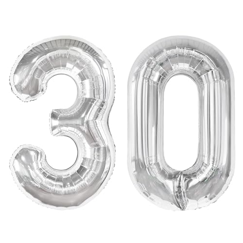 Image of Silver Number 30 Balloon 40 inch, 30 Number Balloons, 30th Silver Birthday Decorations, 30 Year Old Women Men Silver Party Supplies