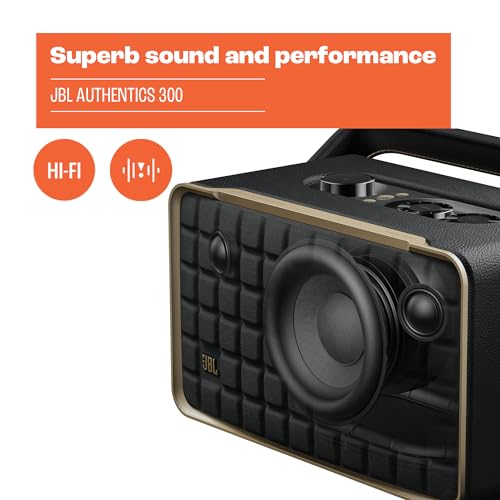 JBL Authentics 300 - Retro Style Wireless Bluetooth/WiFi Home Speaker, Built in Battery (4800mAh), Music Streaming Services via Built-in Wi-Fi, Built in Alexa and Google Assistant (Black/Gold)